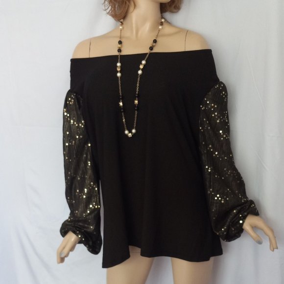CHIC & NEW! A LOVE STORY Black Gold Polka Dot Puff Sleeve Off-Shoulder Top Sz 2X - Picture 4 of 8